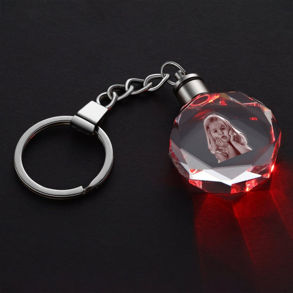 Custom 3D crystal keychain (30mm x 12mm x 30mm) engraved with your photo. A unique, heartfelt keepsake or gift.