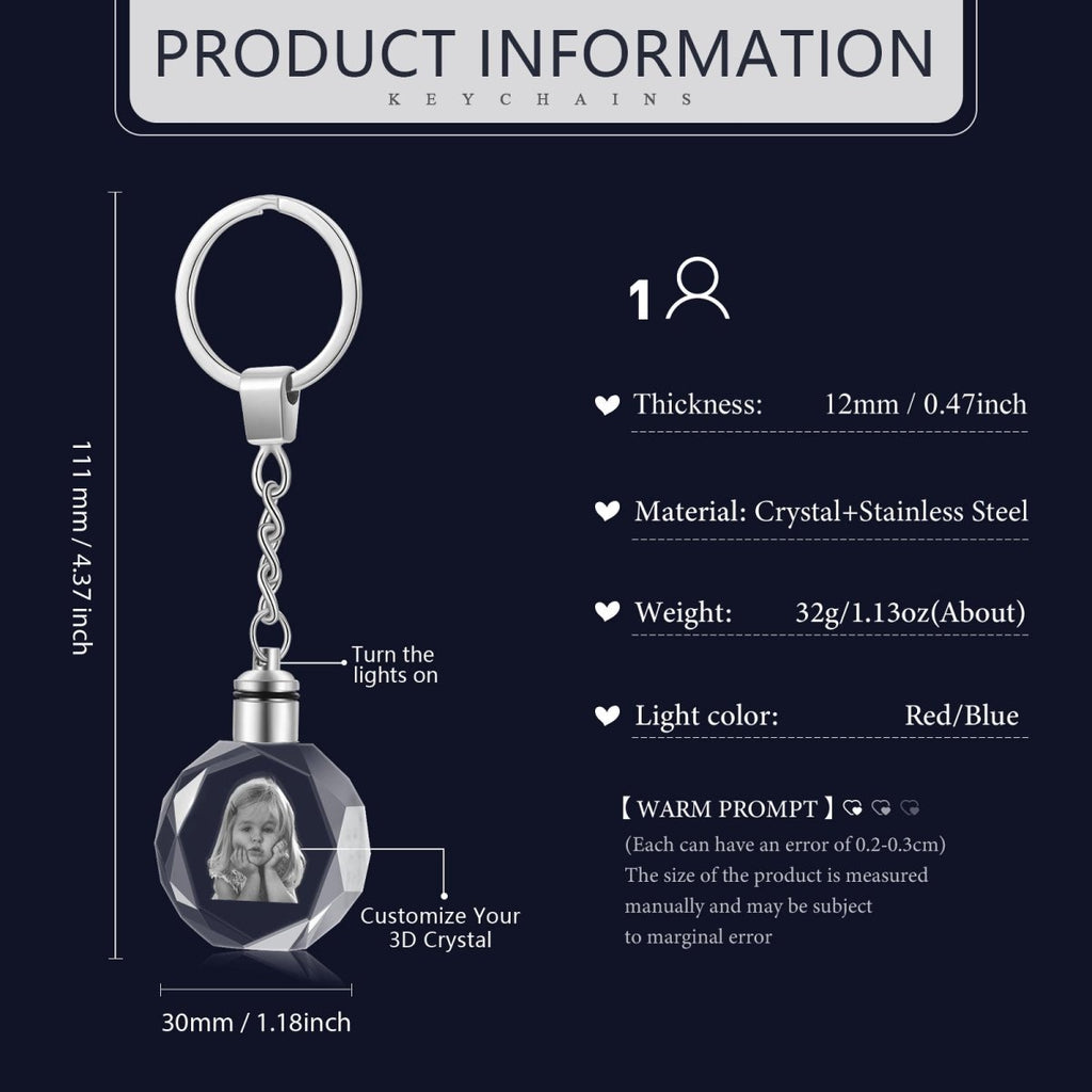 Custom 3D crystal keychain (30mm x 12mm x 30mm) engraved with your photo. A unique, heartfelt keepsake or gift.