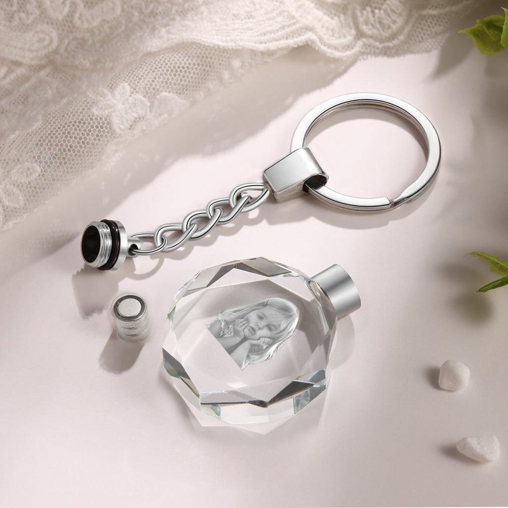 Custom 3D crystal keychain (30mm x 12mm x 30mm) engraved with your photo. A unique, heartfelt keepsake or gift.