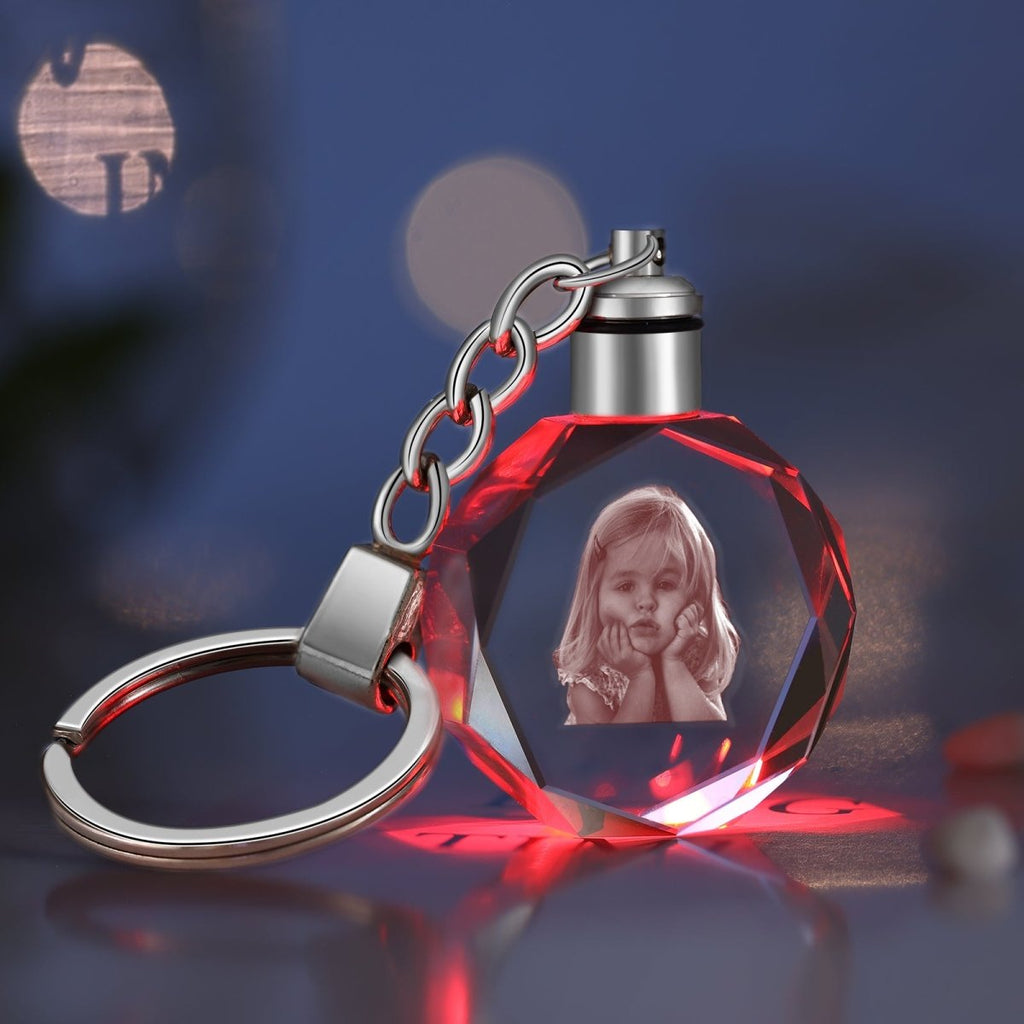 Custom 3D crystal keychain (30mm x 12mm x 30mm) engraved with your photo. A unique, heartfelt keepsake or gift.