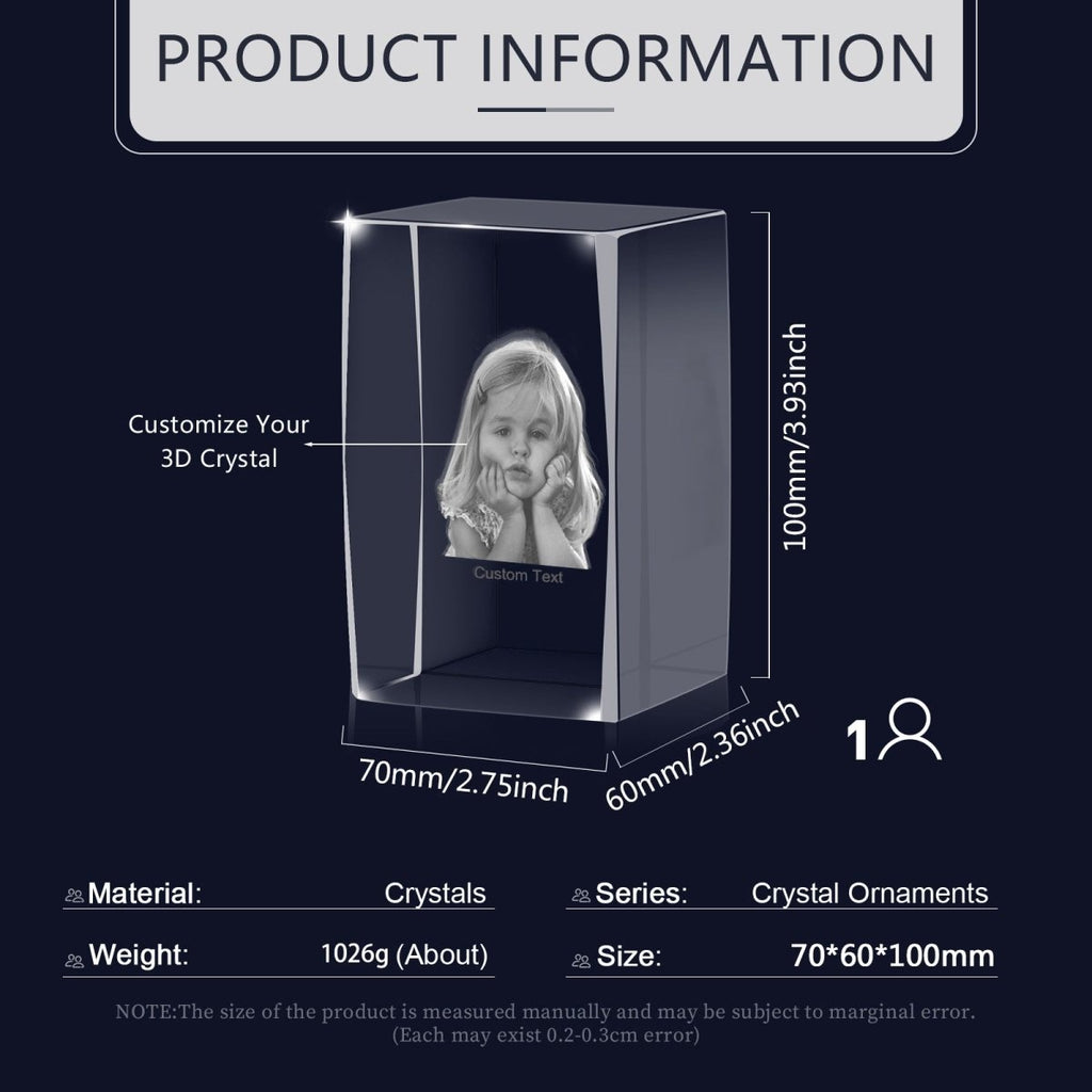 Personalised 3D Photo Premium Crystal Ornament – medium 70mm x 60mm x 100mm 
