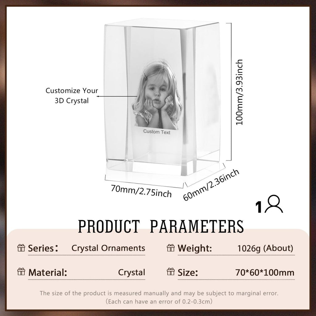 Personalised 3D Photo Premium Crystal Ornament – medium 70mm x 60mm x 100mm 