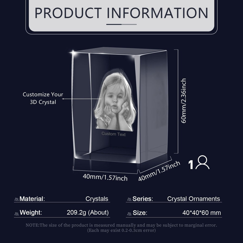 Personalised 3D Photo Premium Crystal Ornament – small 40mm x 60mm 