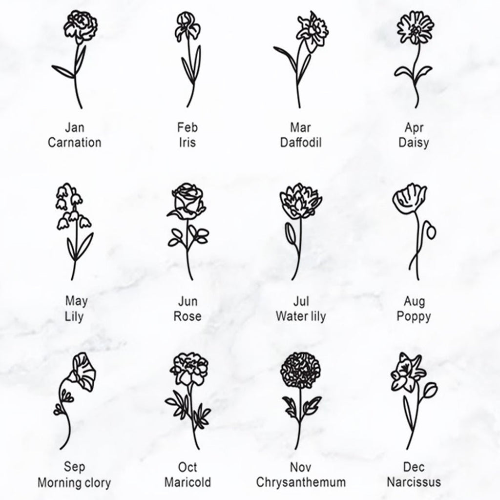 Illustrations of flowers corresponding to each month on a light gray background