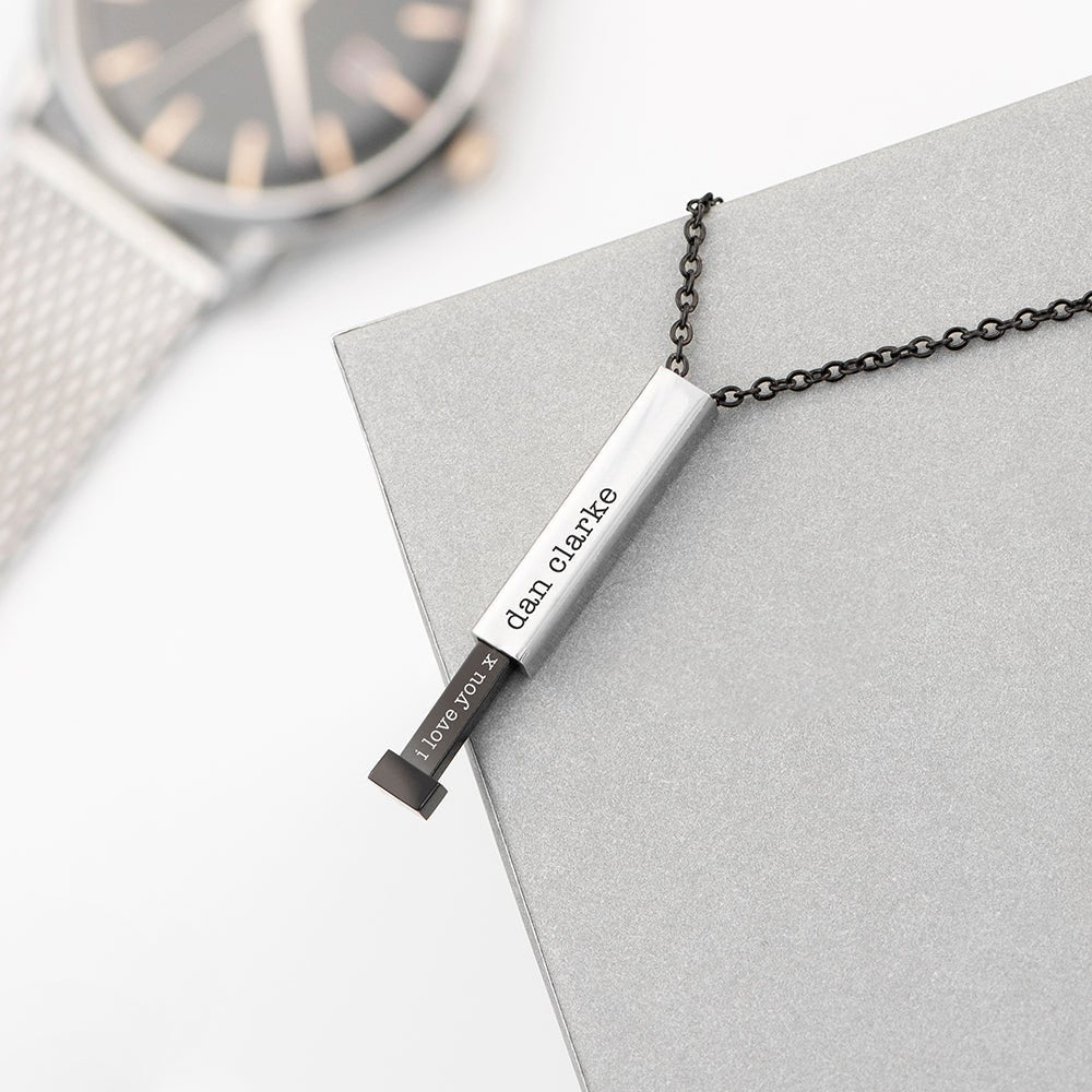 Personalised Black and Silver Square Hidden Message Men's Necklace - Engraved Memories