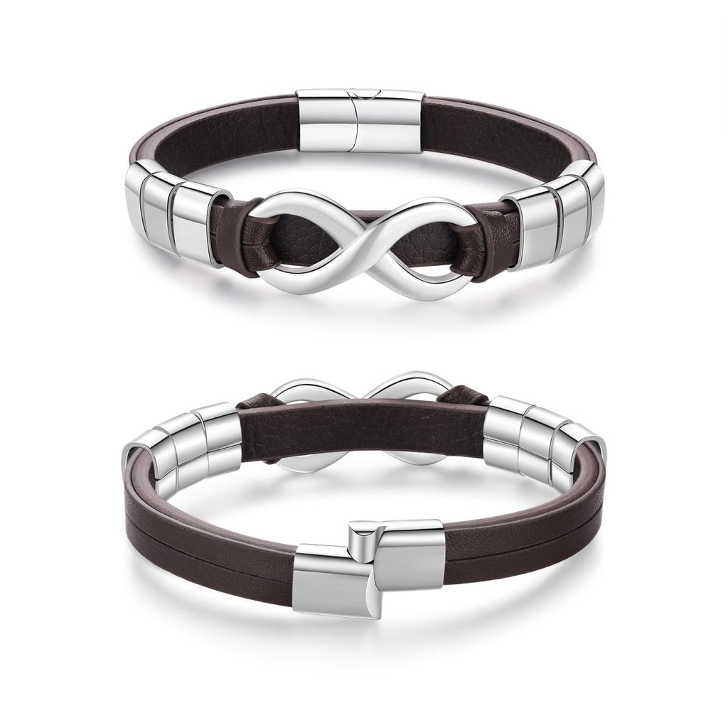 Custom engraved men’s bracelet, PU leather & stainless, 215mm, black or brown