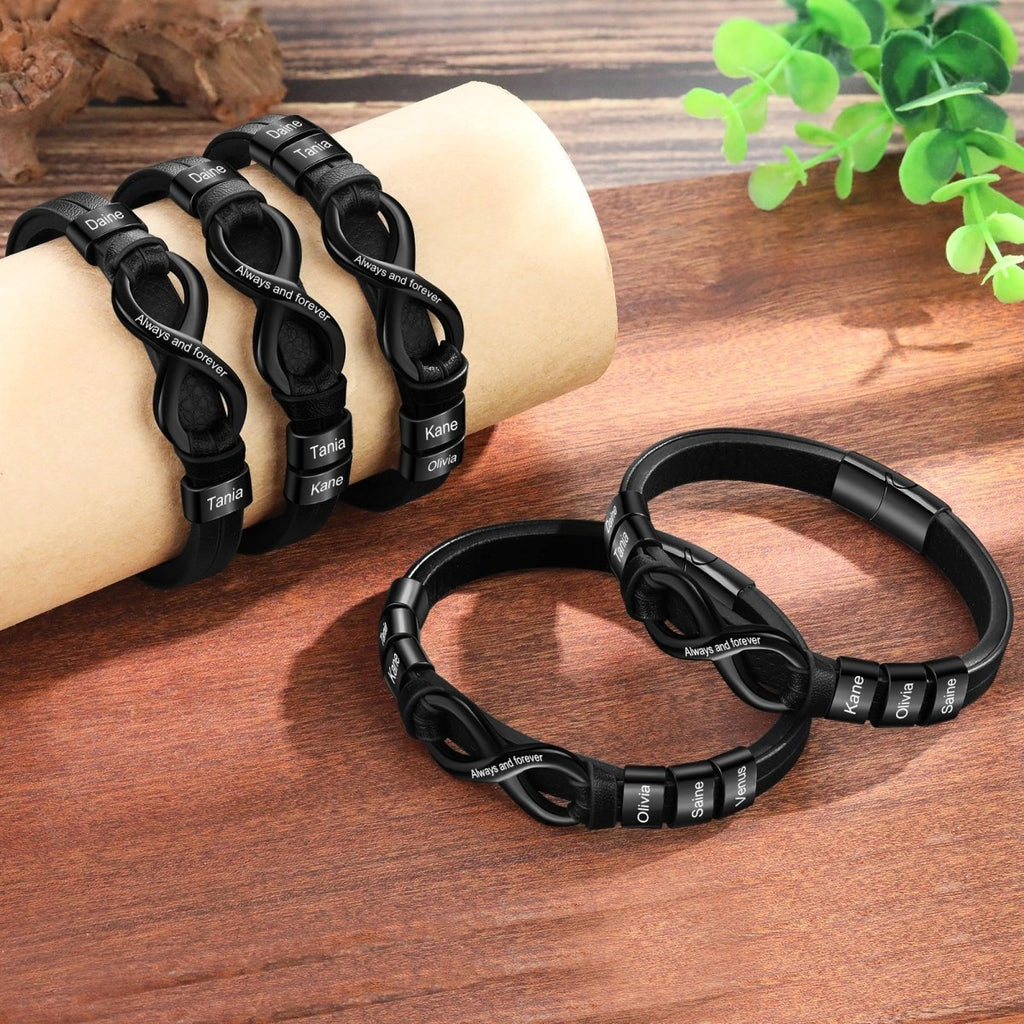 Black or brown custom men’s bracelet, 215mm PU leather & steel, engraved