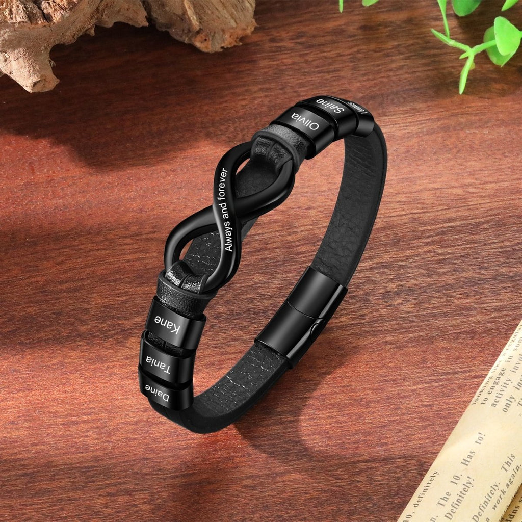 Black or brown custom men’s bracelet, 215mm PU leather & steel, engraved