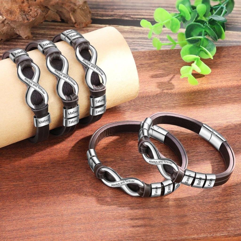 Personalized black or brown men’s bracelet, 215×1×1mm, engraved leather & steel