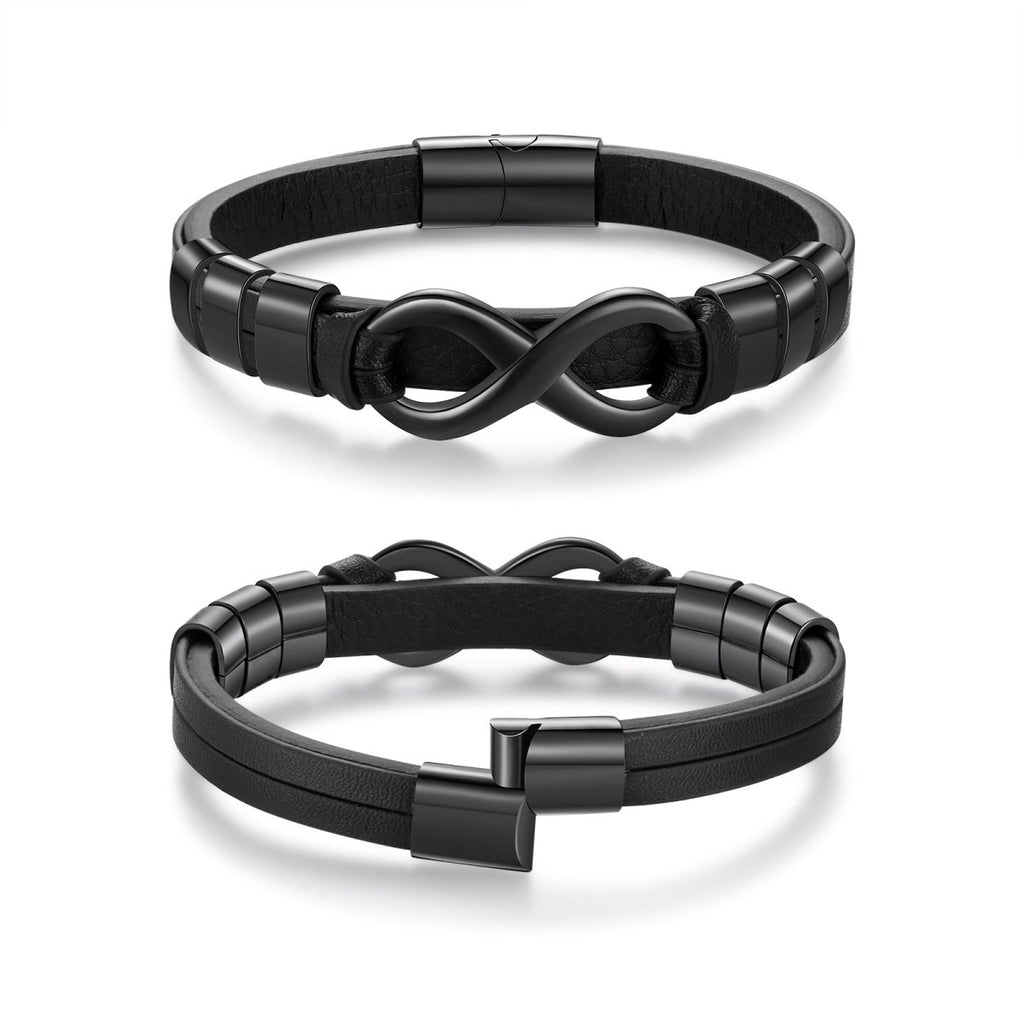 Engraved bracelet for men, stainless and leather, 215mm, black or brown option