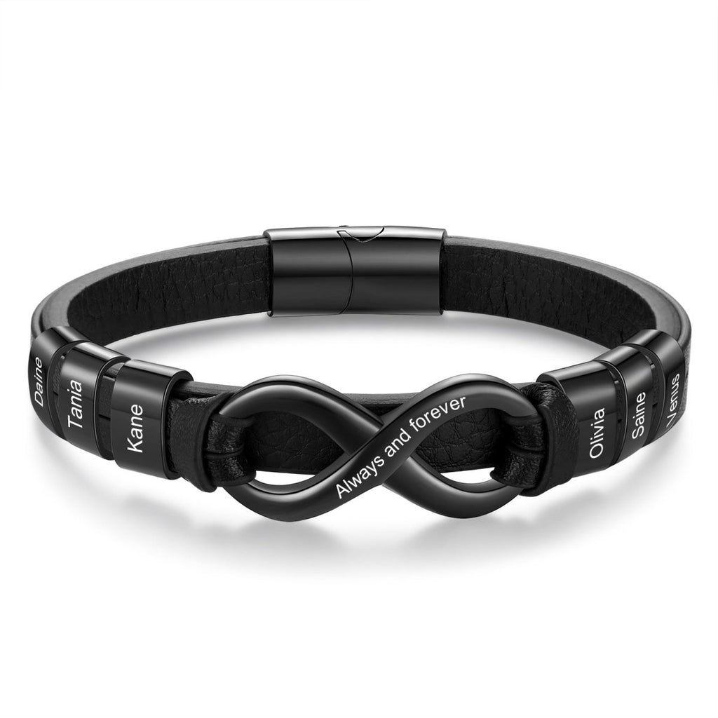 Black or brown custom men’s bracelet, 215mm PU leather & steel, engraved