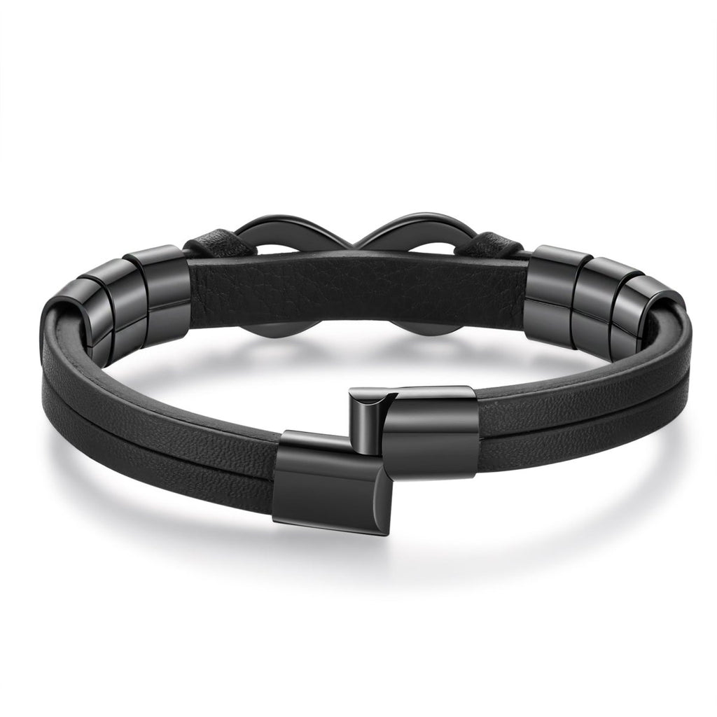 Personalized bracelet for him, 215×1×1mm, leather and steel, black or brown