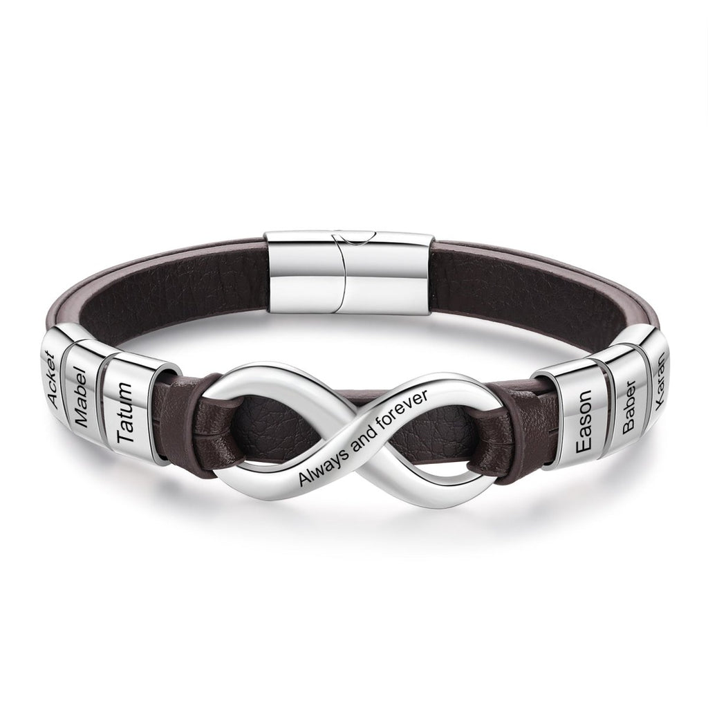 Personalized PU leather and steel bracelet for men, 215mm, black or brown