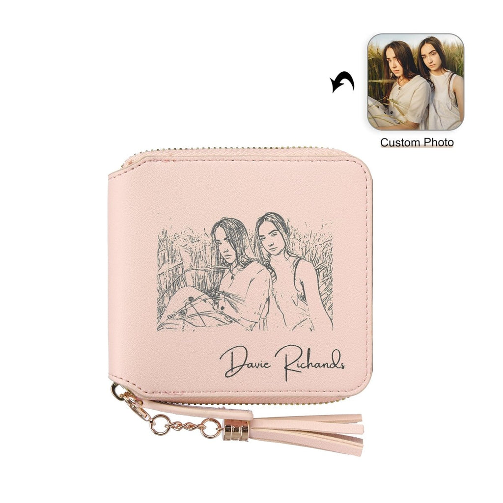 Blush pink PU leather wallet with a custom photo, combining style and sentiment in a compact, organized design.