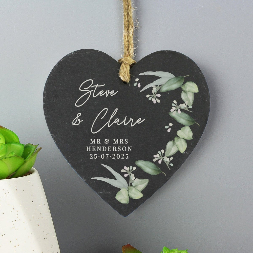 Personalised Botanical Slate Heart Decoration - Engraved Memories