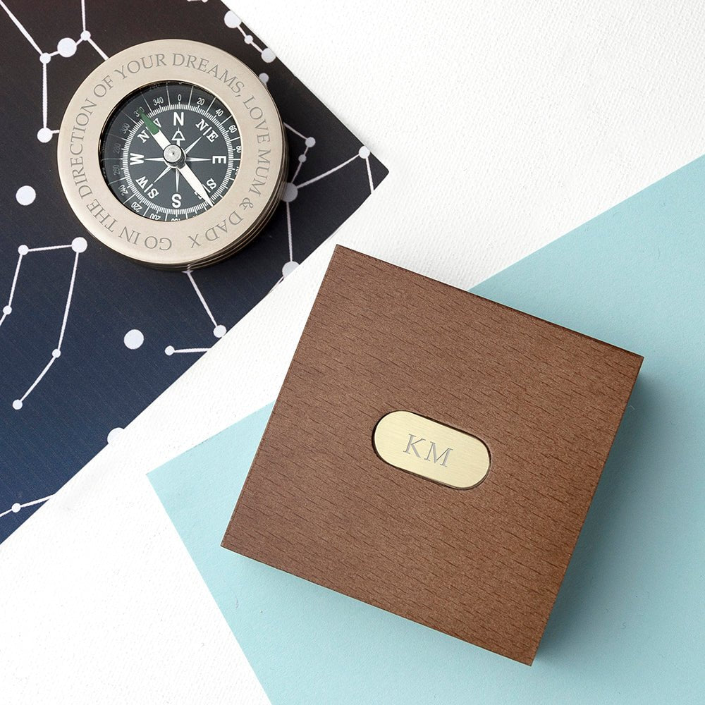 Personalised Brass Traveller's Compass with Monogrammed Box - Engraved Memories