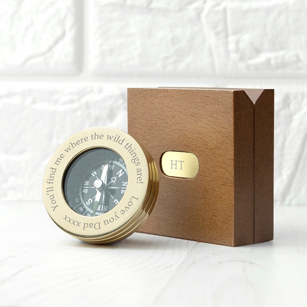 Personalised Brass Traveller's Compass with Monogrammed Box - Engraved Memories