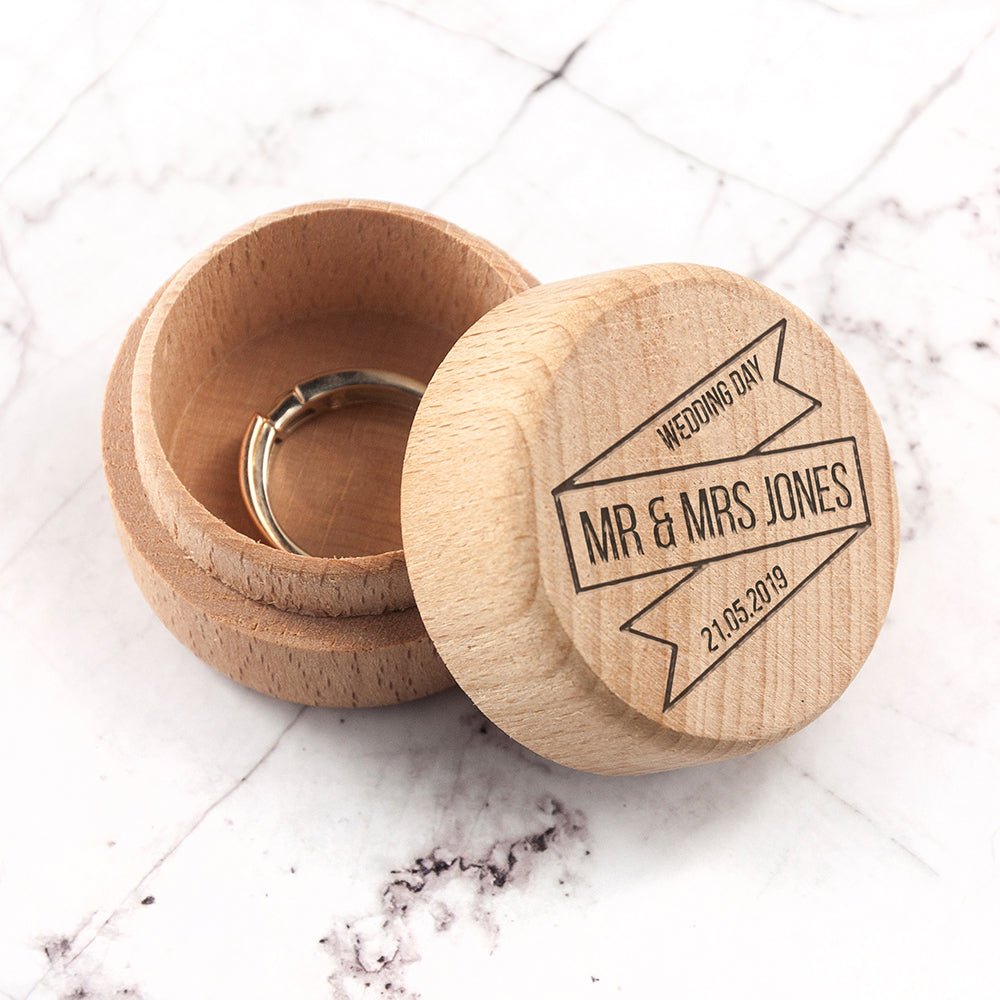 Custom engraved ring box, 4×4×3cm, rustic wood, perfect for ceremony rings