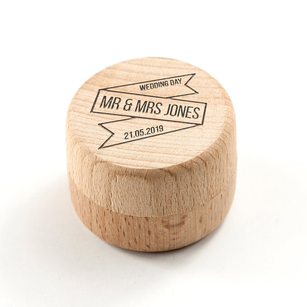 Personalised wood ring box, 4cm, rustic wedding keepsake with couple’s name