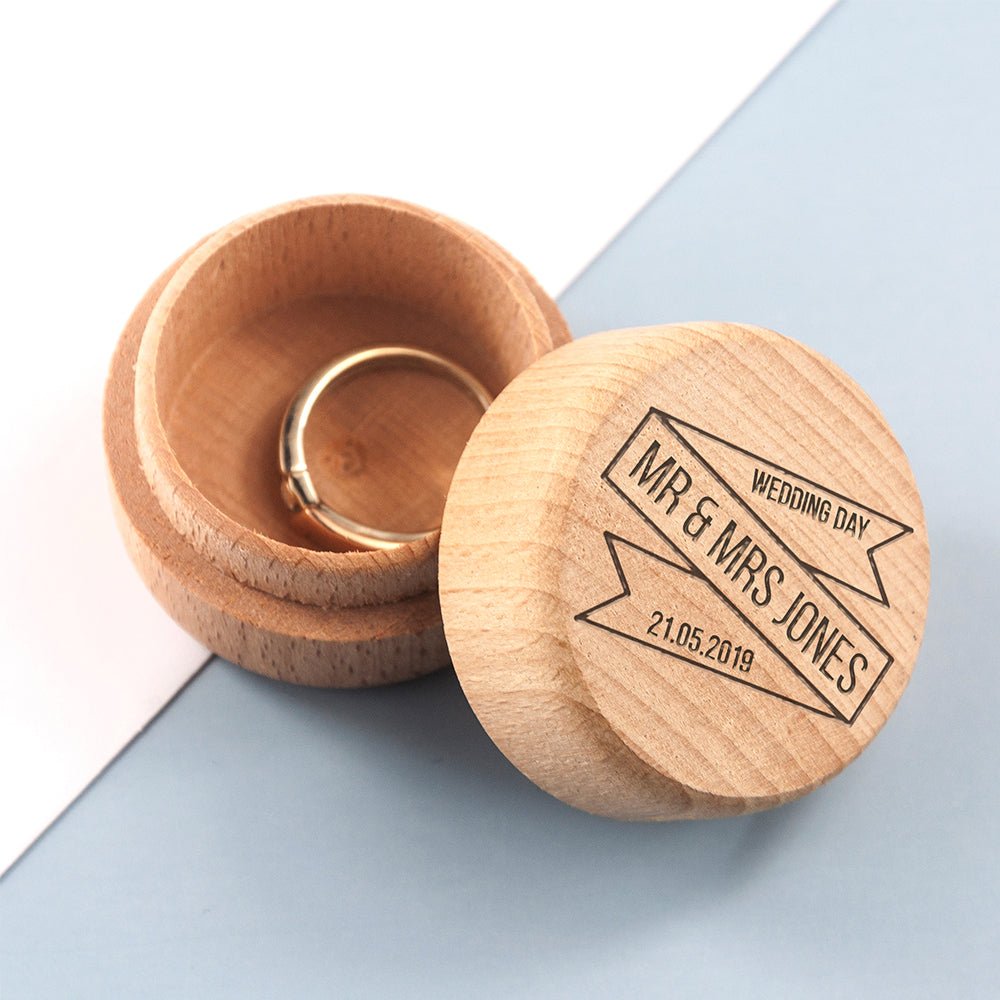 Wedding ring holder, 4cm rustic wood box, personalised with names