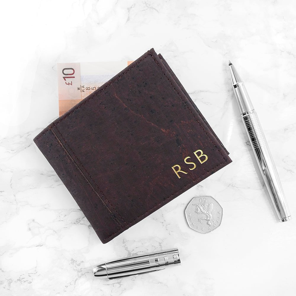 Personalised Dark Brown Vegan Leather Cork Wallet - Engraved Memories