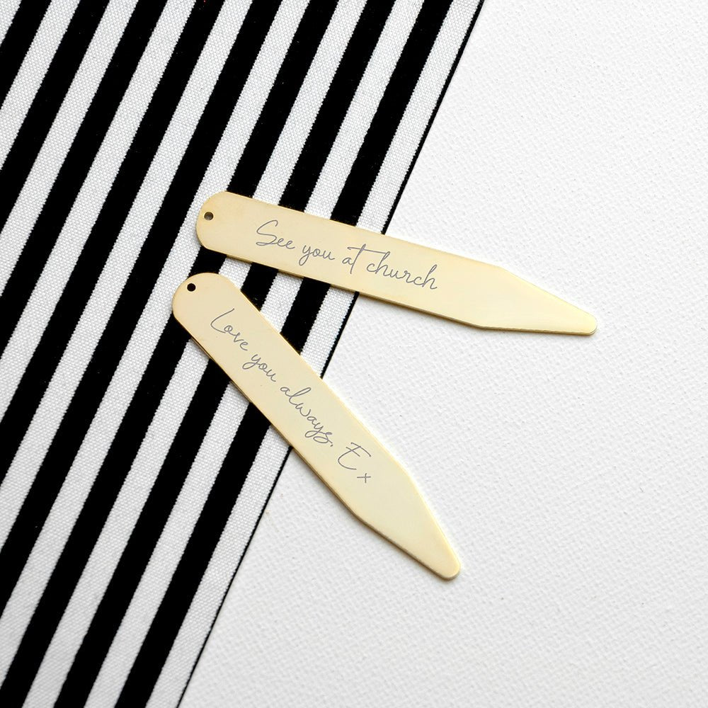 Personalised gold collar stiffeners with handwriting