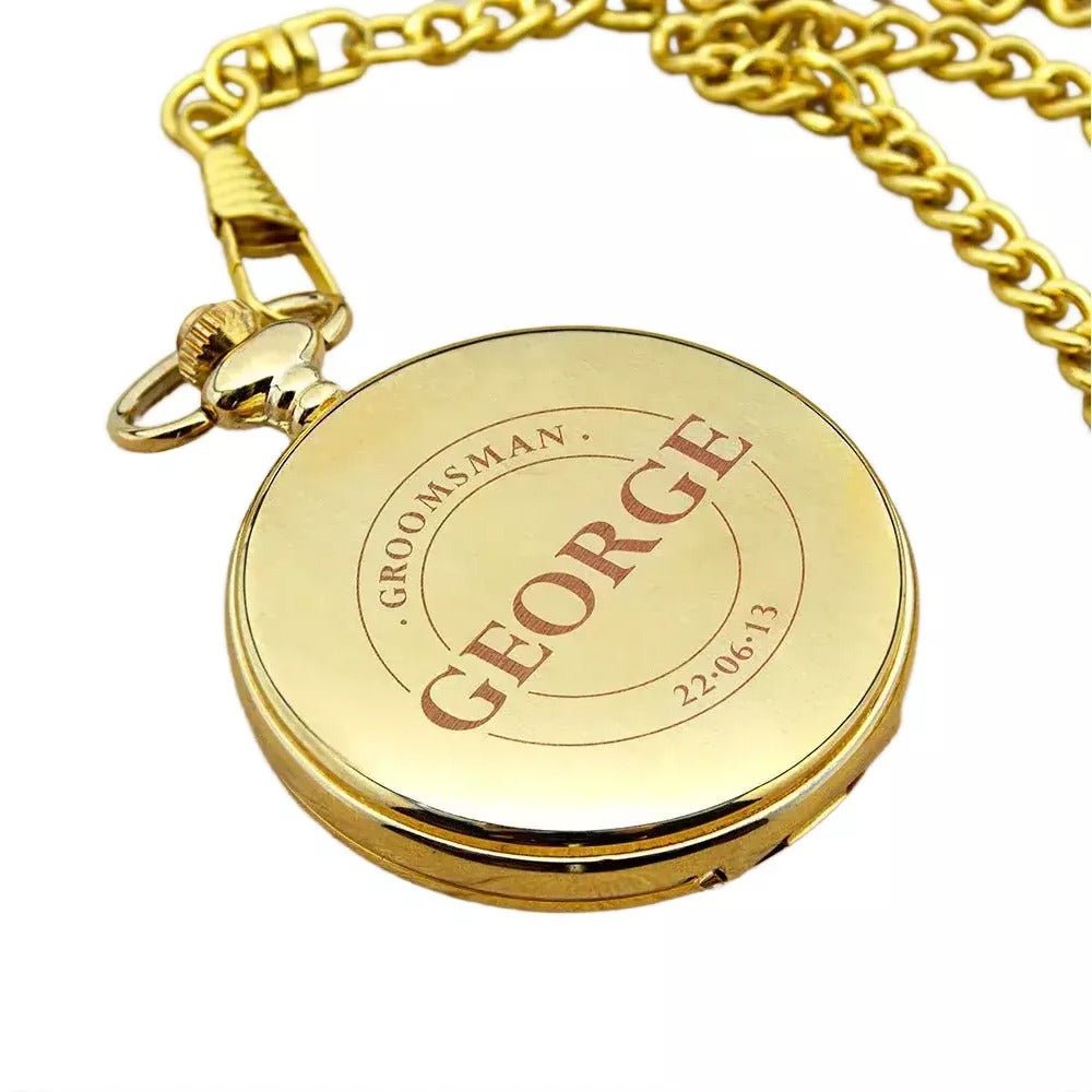 Gold engraved pocket watch, 5×5×1cm, personalized with name, date, and title