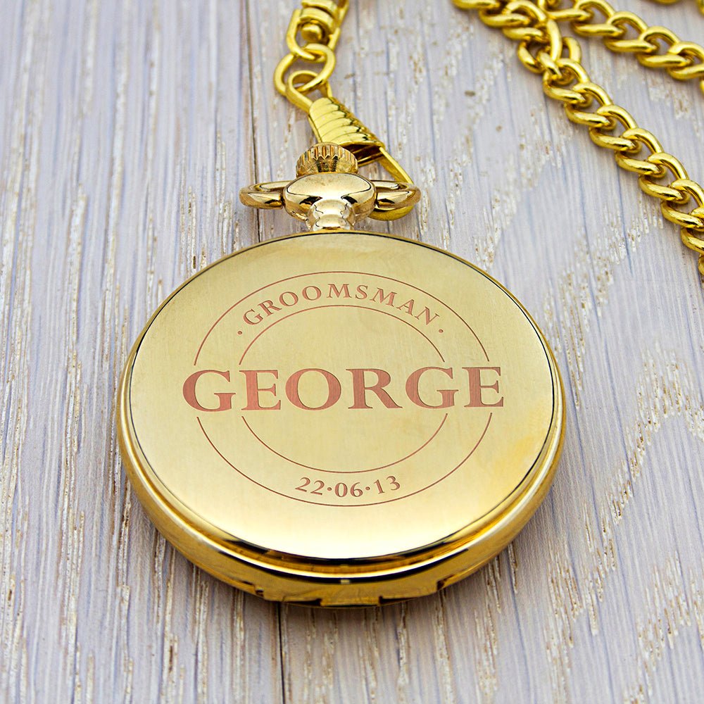 Personalized wedding pocket watch, 5×5cm, gold finish with engraved details