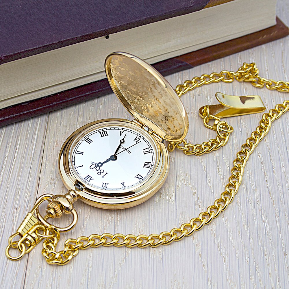 Custom pocket watch gift for groomsman, gold, 44cm chain, Roman numeral face