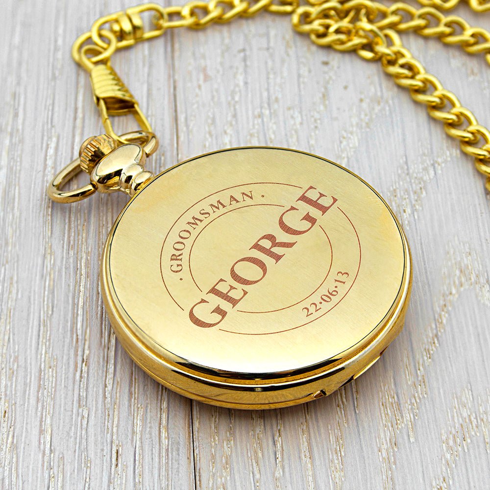 Gold engraved pocket watch, 5×5×1cm, personalized with name, date, and title