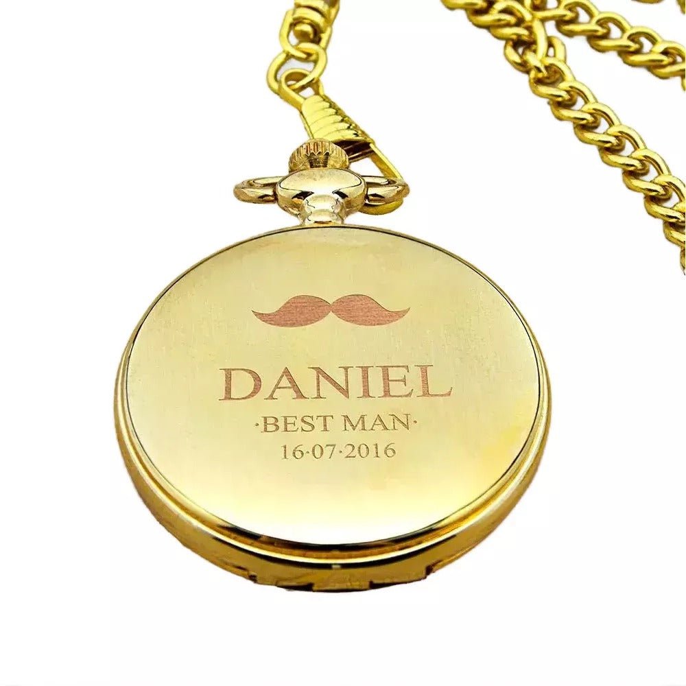 Engraved gold pocket watch, 5×5×1cm, custom name, date & title, 44cm chain