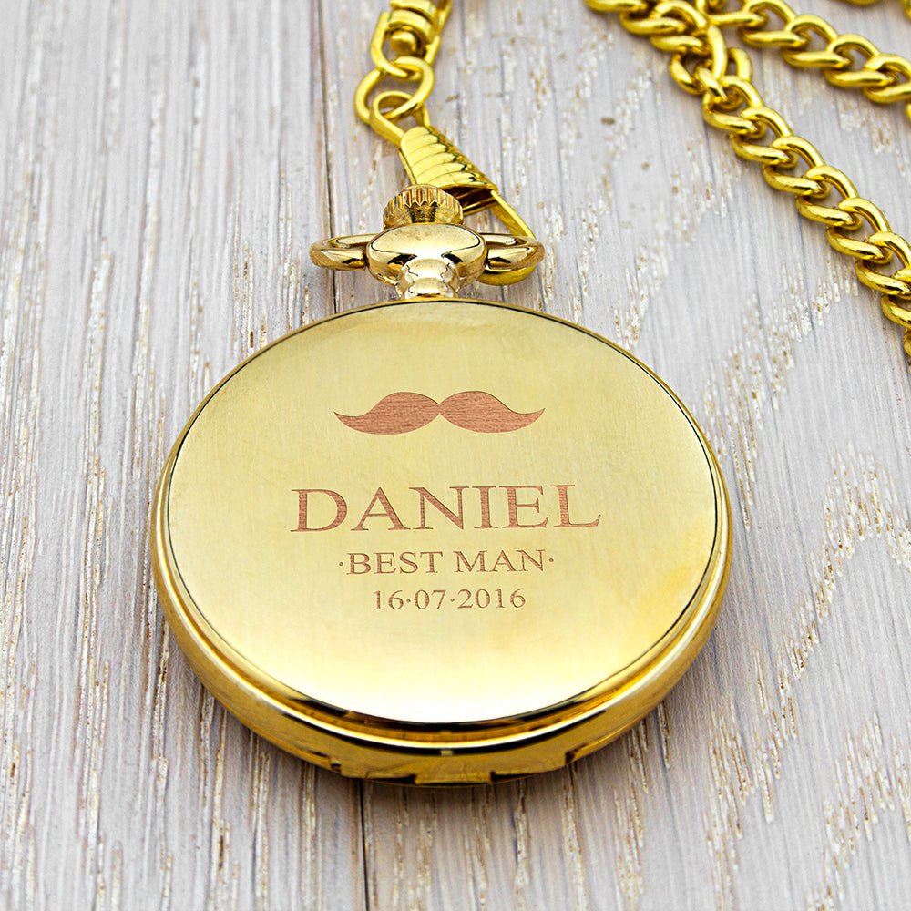 Engraved gold pocket watch, 5×5×1cm, custom name, date & title, 44cm chain