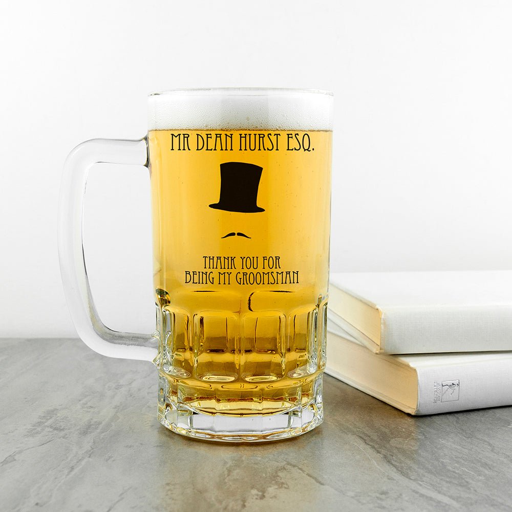 Glass beer mug with thank you message for groomsman