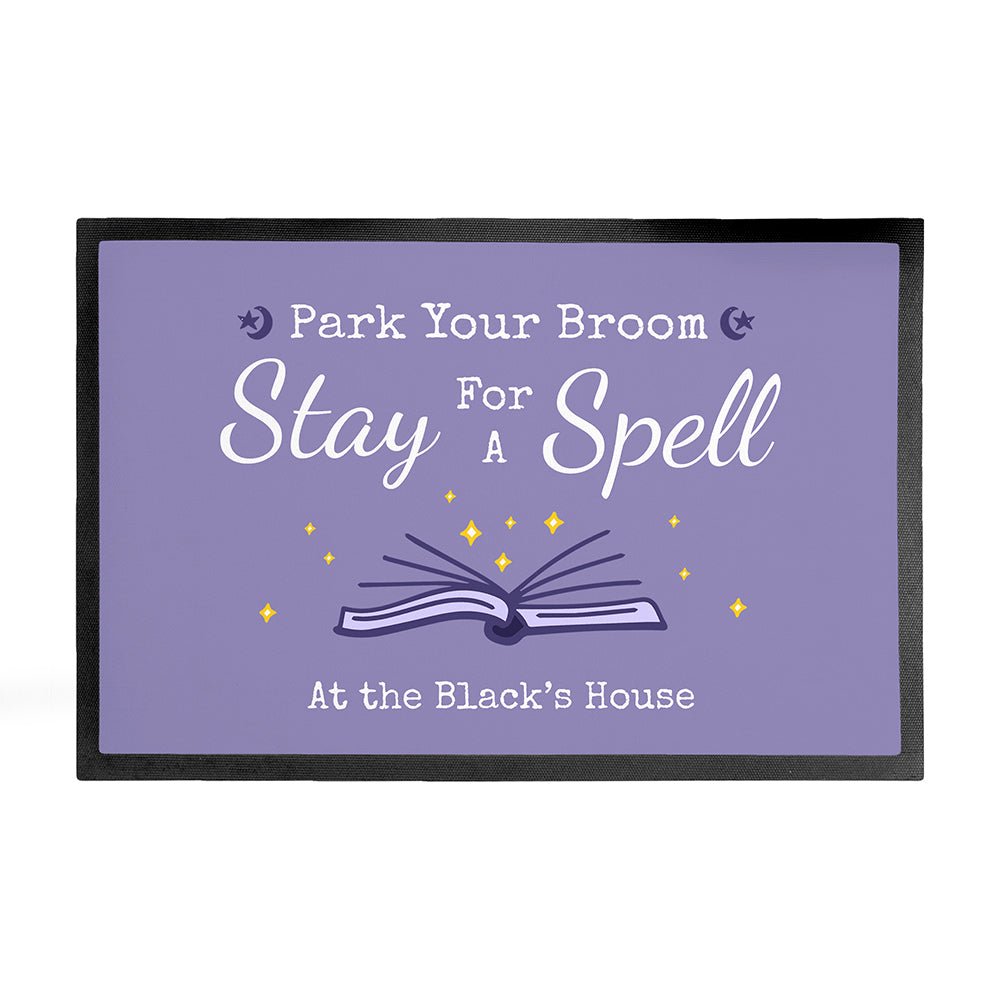 Personalized Halloween doormat with spell book design, 40x60cm, rubber, custom name, spooky decor.