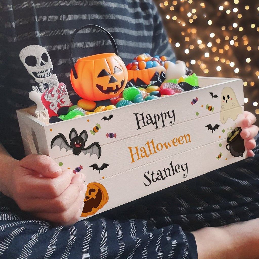 Personalized wooden Halloween treats crate, perfect for candy or décor. Customize with up to 3 lines of text!