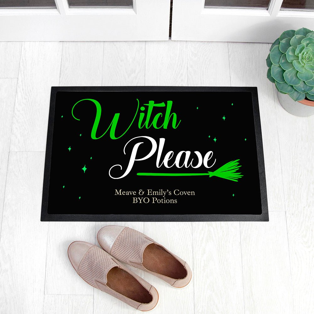 Personalized 'Witch Please' Halloween doormat with luminous green design. Add up to 2 lines of custom text!