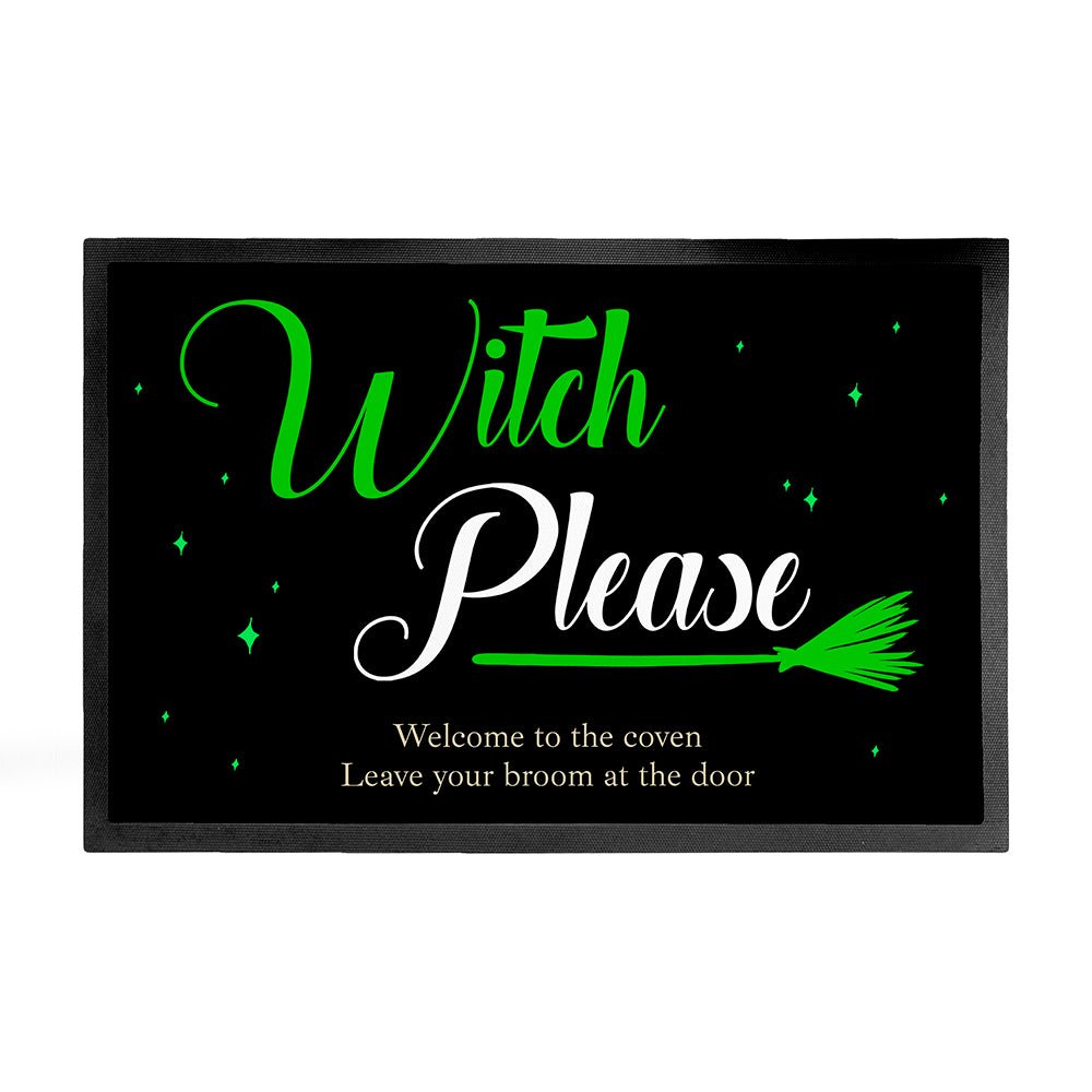 Personalized 'Witch Please' Halloween doormat with luminous green design. Add up to 2 lines of custom text!