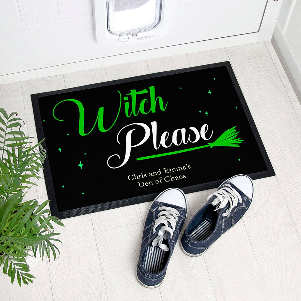 Personalized 'Witch Please' Halloween doormat with luminous green design. Add up to 2 lines of custom text!
