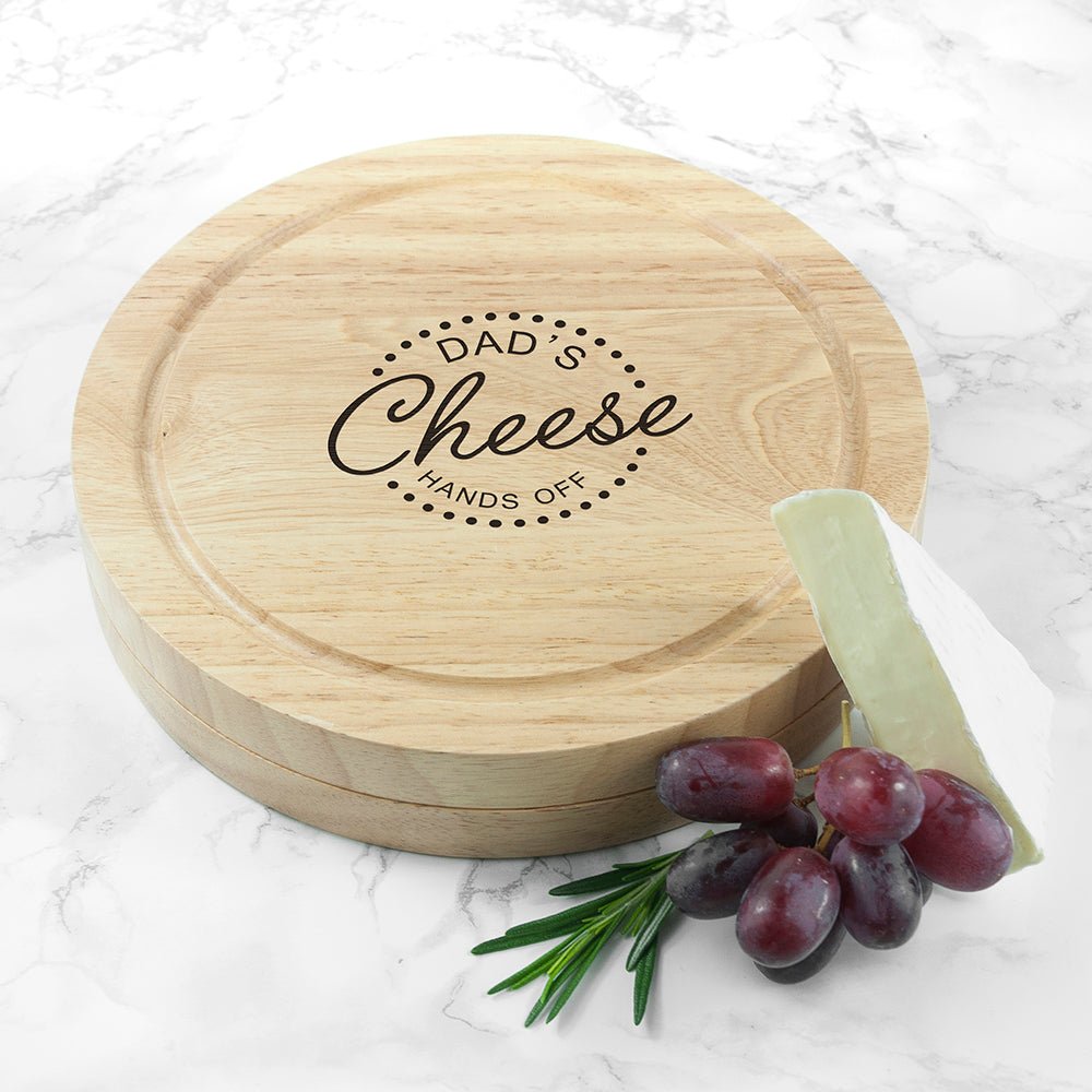 Personalised 'Hands Off' Dad's Round Wooden Cheese Board - Engraved Memories