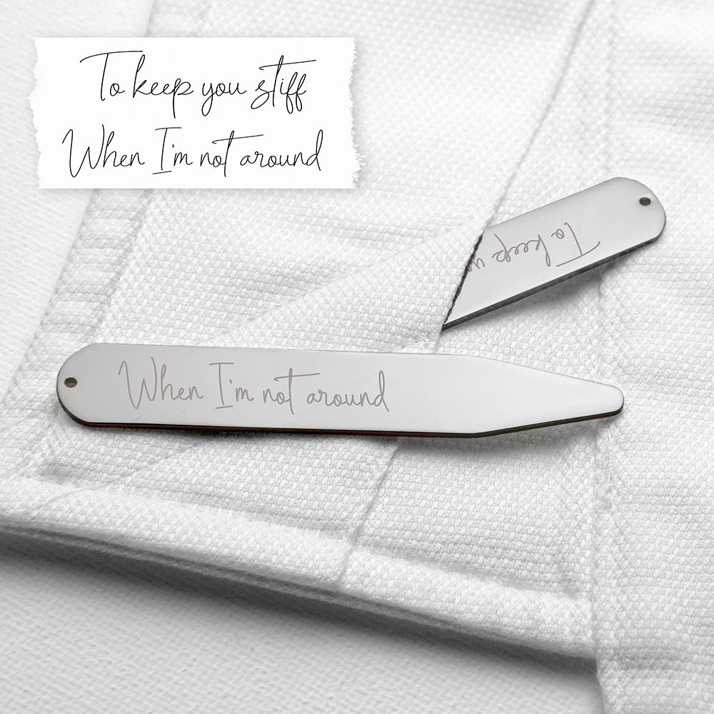 Rhodium-plated collar stays with handwritten message