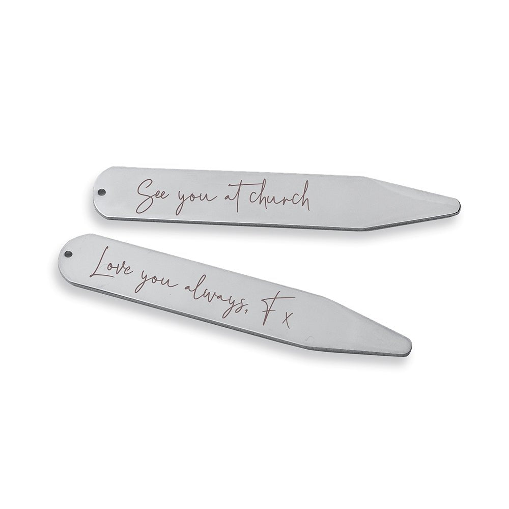 Engraved collar stiffeners for groom or anniversary gift