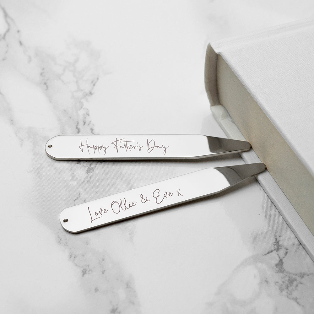 Silver collar stiffeners with custom handwriting engraving