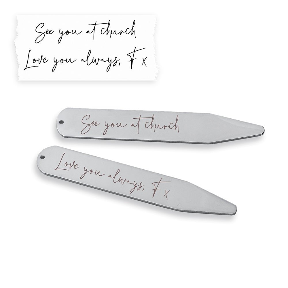 Custom silver collar stays with loved one’s handwriting