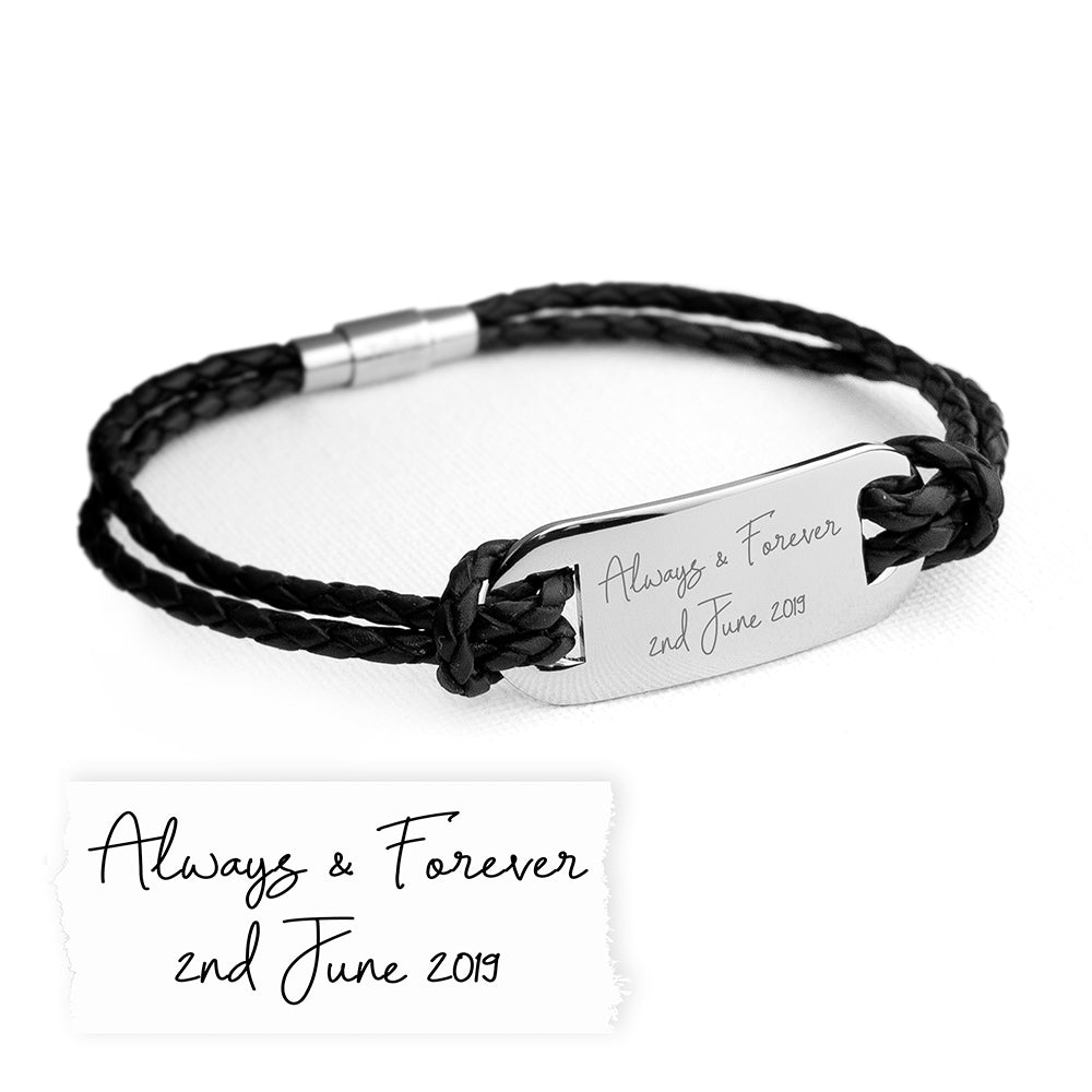 Personalised Handwriting Men's Black Leather Bracelet - Engraved Memories