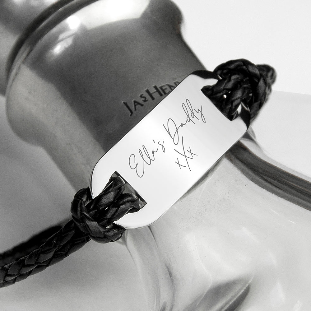 Personalised Handwriting Men's Black Leather Bracelet - Engraved Memories
