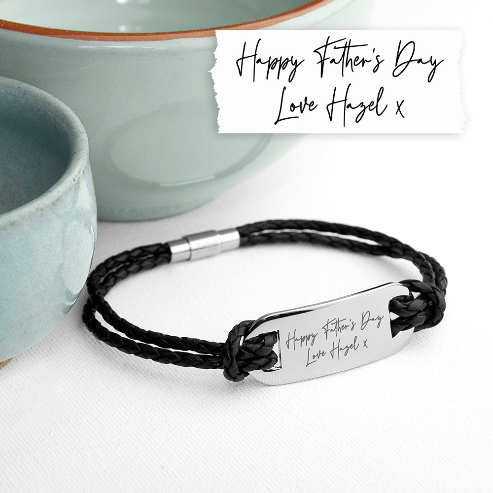 Personalised Handwriting Men's Black Leather Bracelet - Engraved Memories