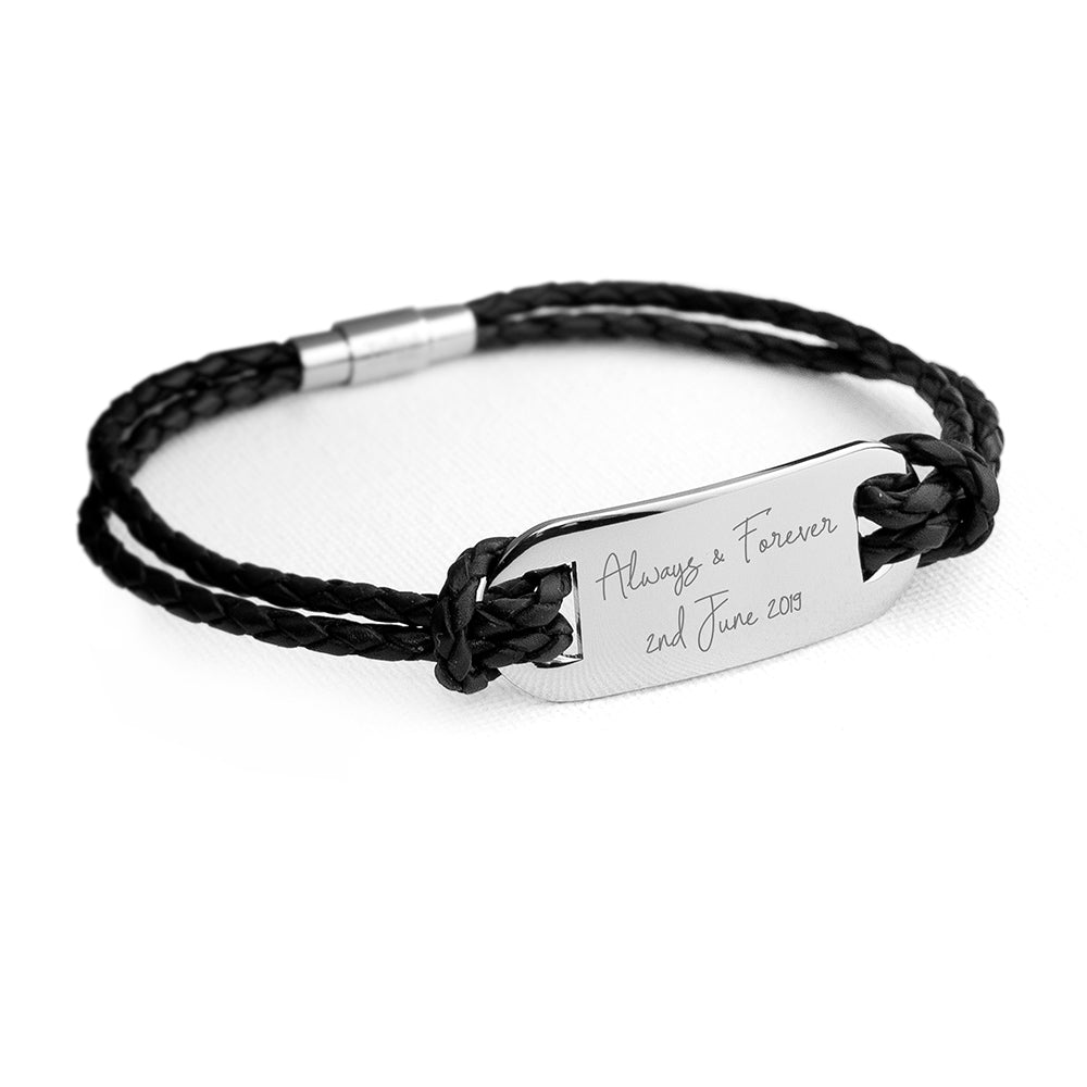 Personalised Handwriting Men's Black Leather Bracelet - Engraved Memories