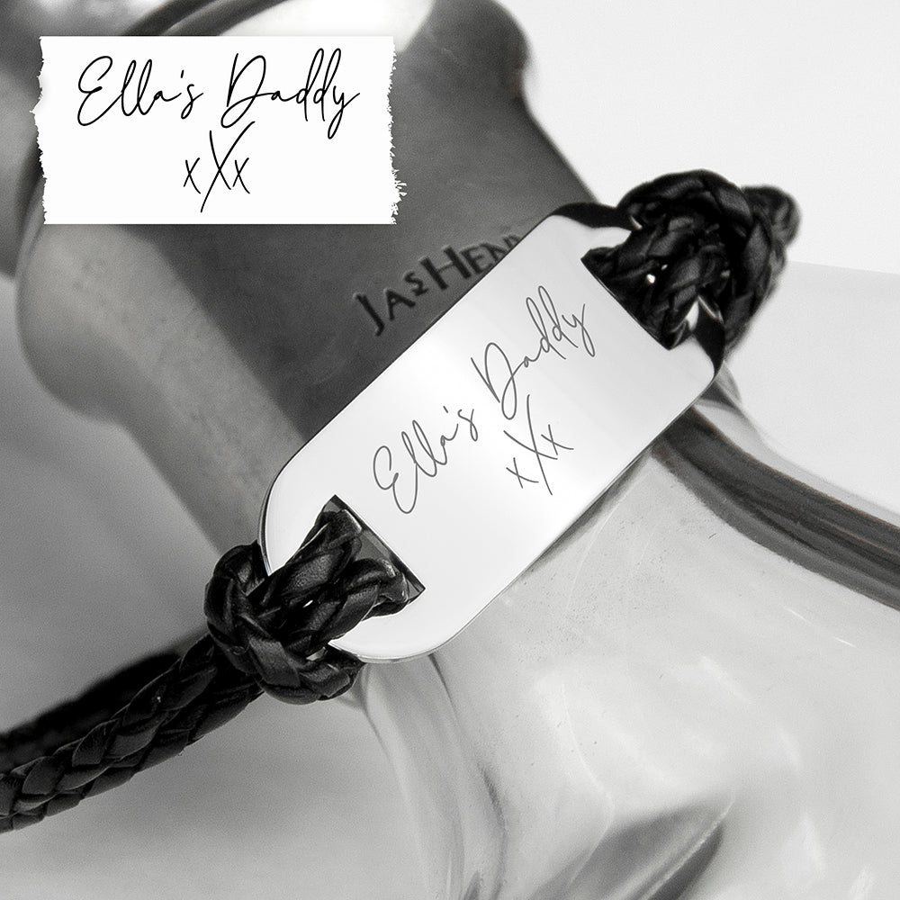 Personalised Handwriting Men's Black Leather Bracelet - Engraved Memories