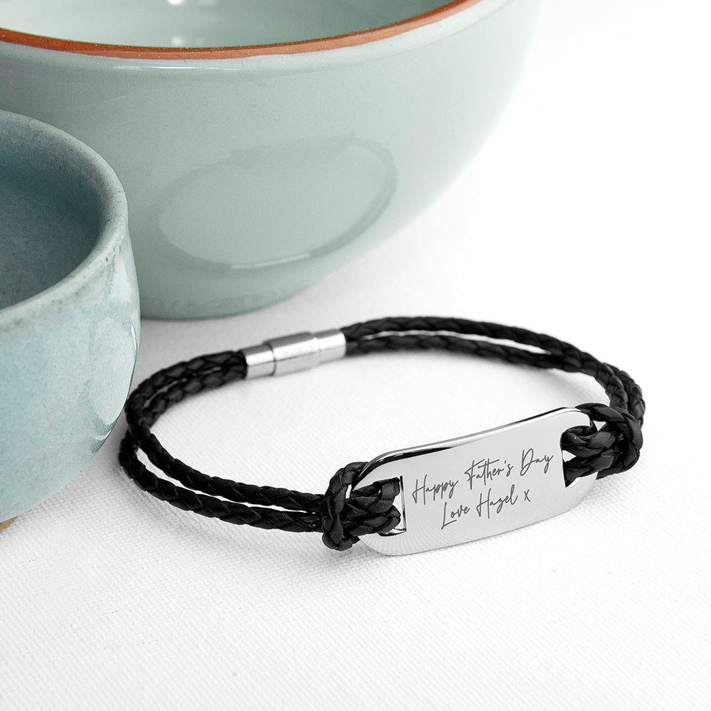 Personalised Handwriting Men's Black Leather Bracelet - Engraved Memories