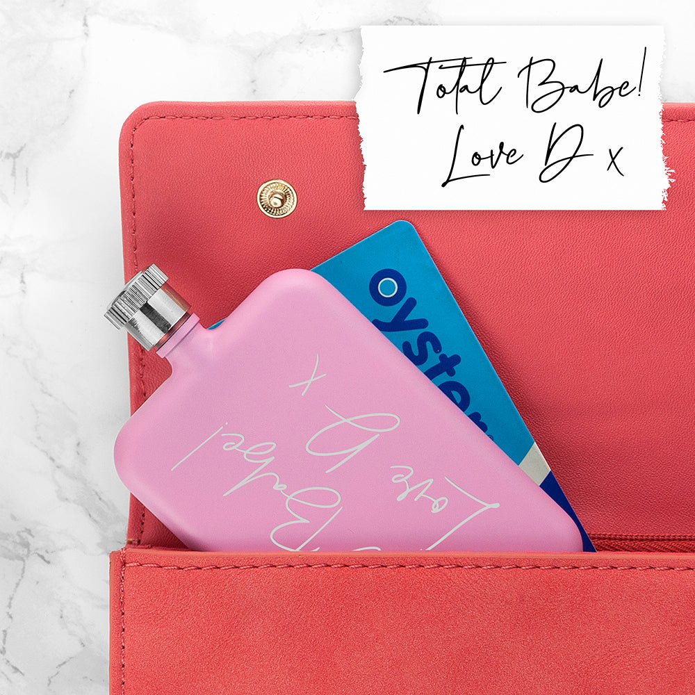 6oz stainless steel flask in pink with custom message